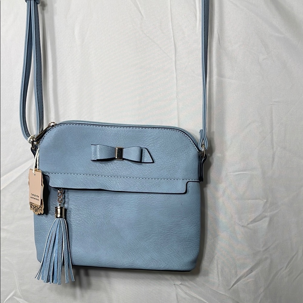 Powder Blue Crossbody Bag with Tassel and Adjustable Strap